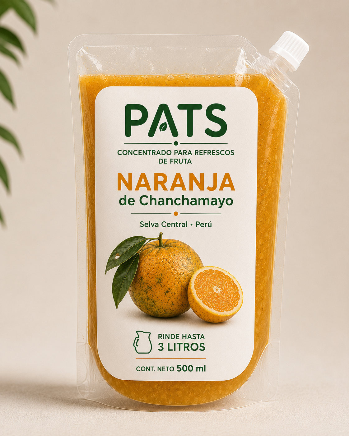 Frontal oficial de PATS: concentrado para refrescos de fruta, naranja de Chanchamayo, Selva Central, Perú. Rinde hasta 3 litros. Contenido neto 500 ml.