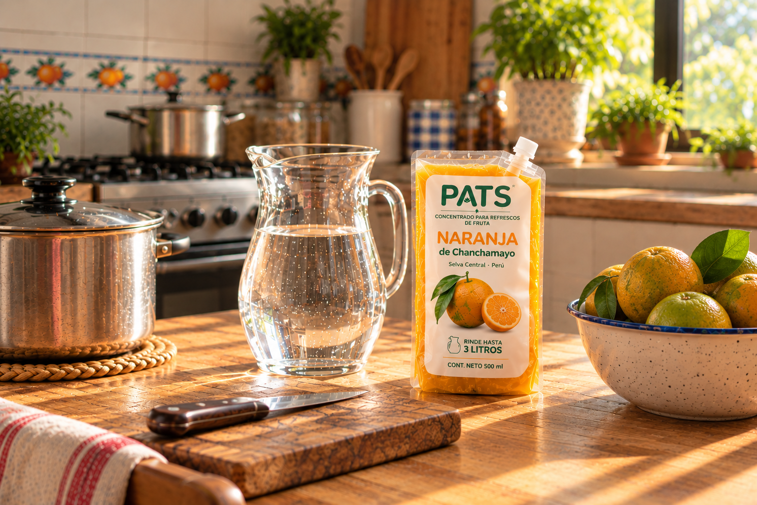Empaque de PATS de naranja junto a una jarra con agua sobre una mesa de cocina.