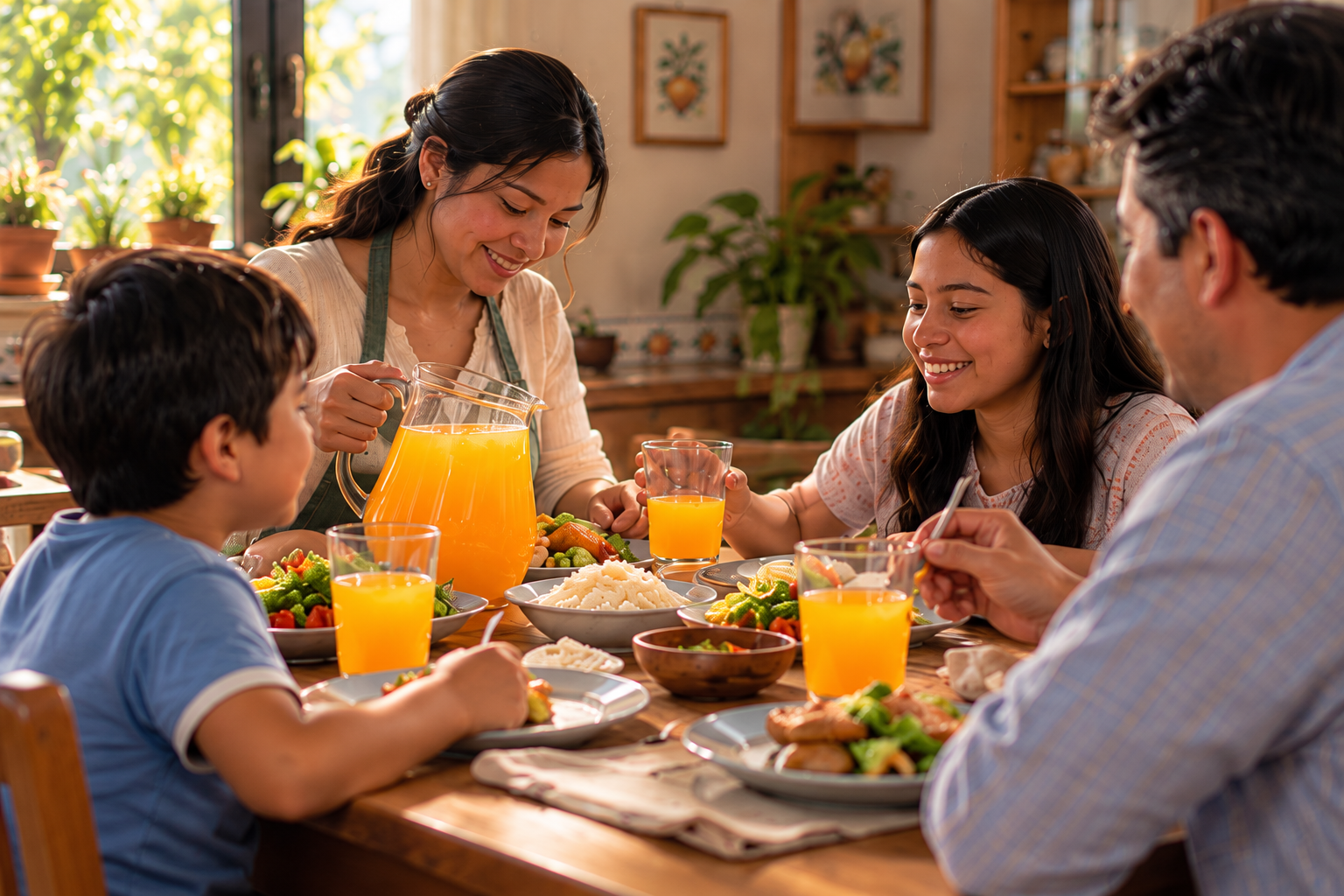 Familia sentada a la mesa compartiendo una comida, con una jarra y vasos de refresco de naranja.